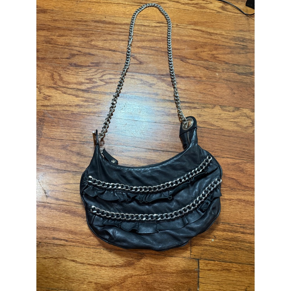 Vintage 2000s Betsey Johnson Black Leather Chain Shoulder Bag Punk Glam Y2K